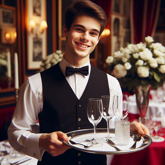 A waiter holding a tray in his hand. 