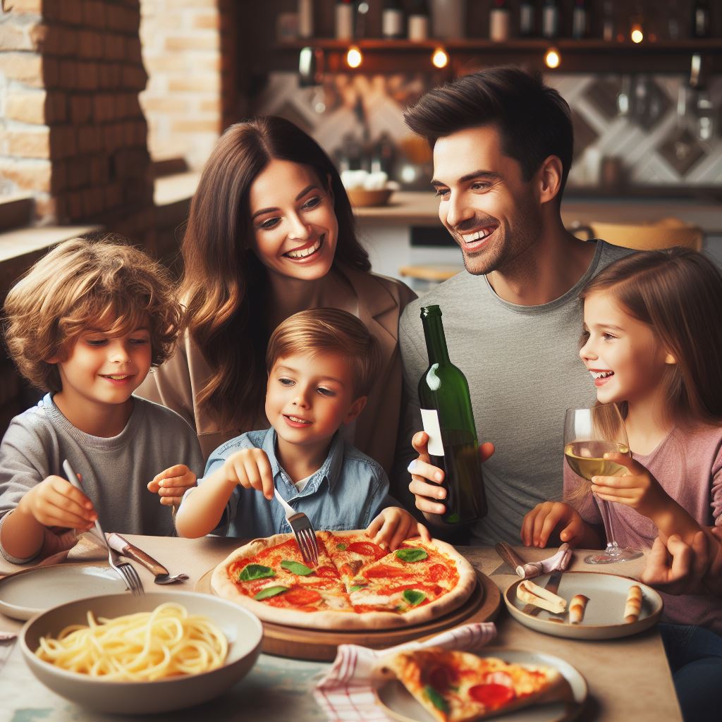 A picture of a family enjoying a meal together. 